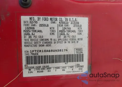 1995 Ford Ranger z USA, uszkodzony, nr VIN 1FTCR10A6SUA58174